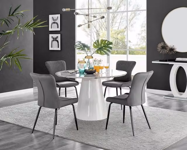 Furniturebox Palma White Marble Effect Round Dining Table and 4 Nora Black Leg Chairs in Grey
