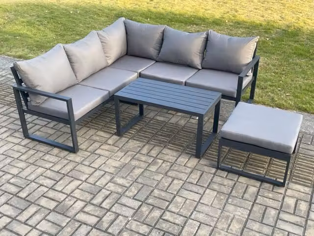 Fimous Modern L-Shape Aluminium Outdoor Garden Furniture Set in Dark Grey with Coffee Table and Ottoman