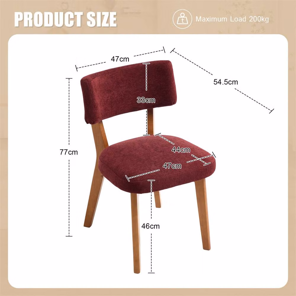 Direct Wicker Set of 2 Mid-Century Linen Dining Chairs with Solid Wood Frame in Wine Red – 2
