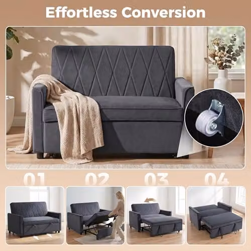 HOMCOM 2 Seater Velvet Sofa Bed in Dark Grey, 3-in-1 Click-Clack Sleeper Loveseat with Solid Wood Frame – 4