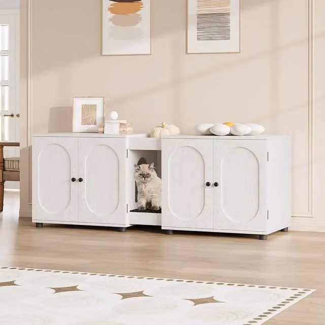 London Boutique White Double Cat Litter Box Enclosure Hidden Cat Litter Furniture, Width: 140 cm