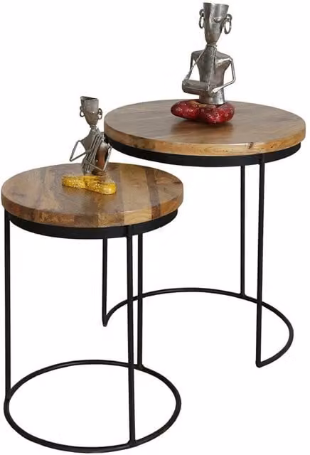 Jaipur Furniture Ltd Ravi Set of 2 Round Stools with Iron Base and Mango Wood Top in Brown and Black, W: 44 cm, D: 44 cm, H: 49 cm