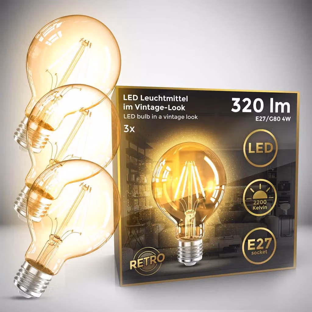 B.K.Licht Pack of 3 Vintage G80 LED Filament Bulbs, E27, 4W, 320Lm, Warm White 2200K, Amber Glass Globe Shape – 2