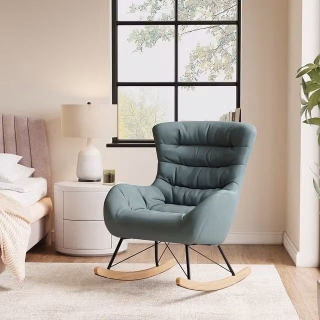 Livingandhome Scandinavian Fabric Rocking Chair with Solid Wood Frame in Blue and Green