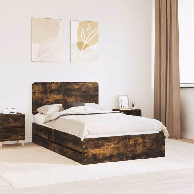 Berkfield Home Modern Bed Frame with Drawers in Smoked Oak Brown, W/D/H: 120 x 200 cm