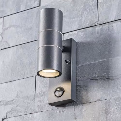 CGC Lighting Mia Up and Down Outdoor Wall Light, Grey Stainless Steel with PIR Motion Sensor and GU10 LED, IP44 Waterproof Garden Security Lamp