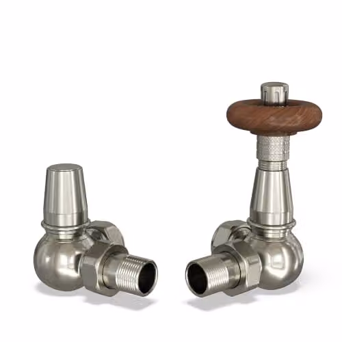UK Radiators Derry Traditional Silver Nickel Thermostatic Radiator Valve and Lockshield Set with 1/2 BSP 8mm Corner Connection