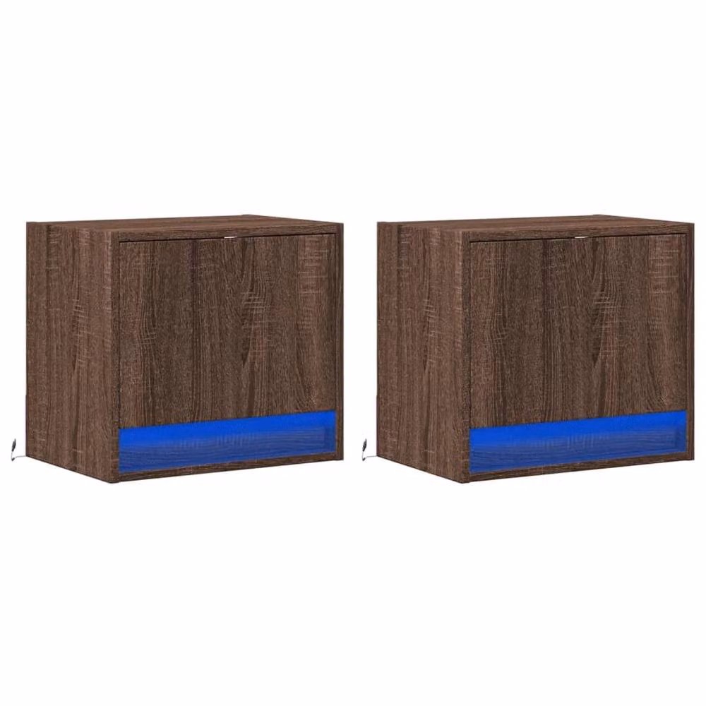 Berkfield Home Wall-mounted Bedside Cabinets with Integrated LED Lights, 2 Piece Set, Brown Oak – 3