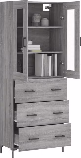 Berkfield Home Grey Sonoma Highboard with Glass Doors and Internal Shelves, W/D/H: 69.5 x 34 x 180 cm