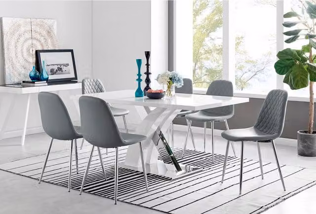FurnitureboxUK Atlanta Modern High Gloss White Rectangular Dining Table and 6 Corona Silver Chairs Set in Grey