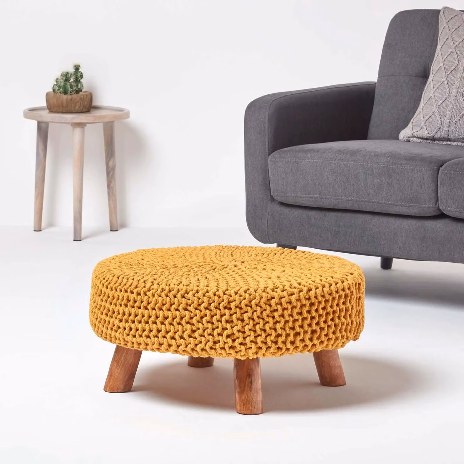 Homescapes Mustard Knitted Cotton Round Footstool with Wooden Legs – 2