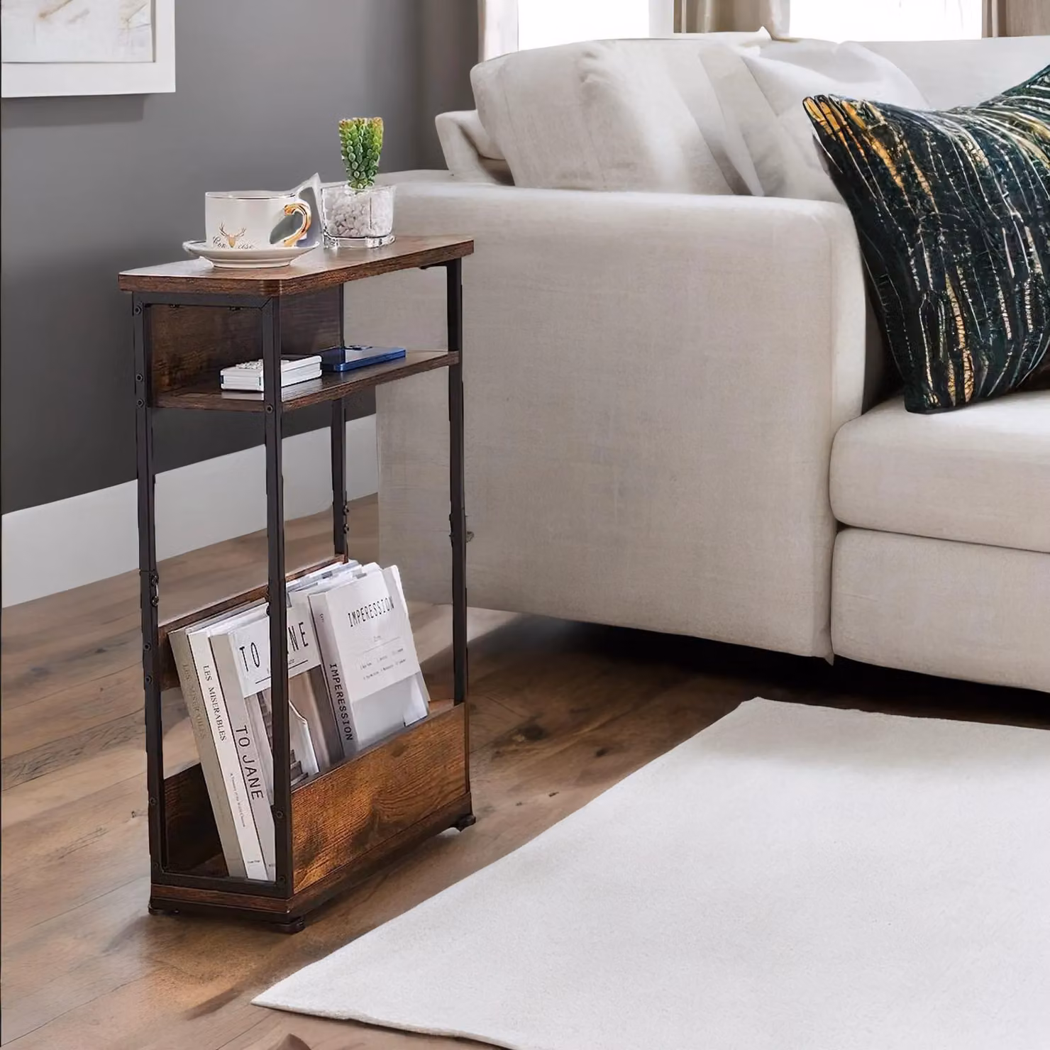 Rafaelo Mobilia Industrial Rustic 3 Tier Side Table with Magazine Rack in Dark Brown – 2
