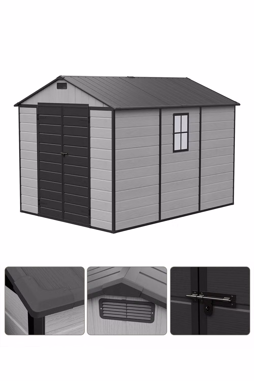 Living and Home Grey Plastic Garden Storage Shed with Lockable Door and Window, W: 243.84 cm, D: 243.84 cm, H: 203.2 cm – 4