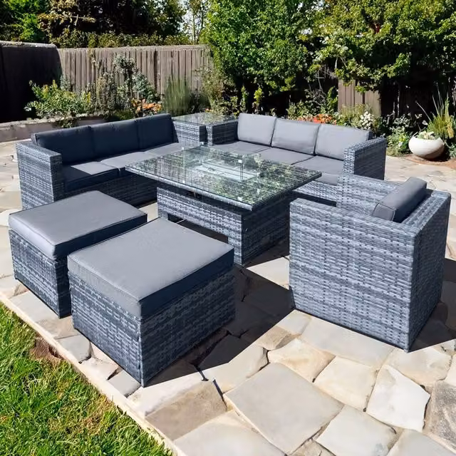 Oseasons Malta Rattan 9 Seat Rising Firepit Corner Set in Ocean Grey