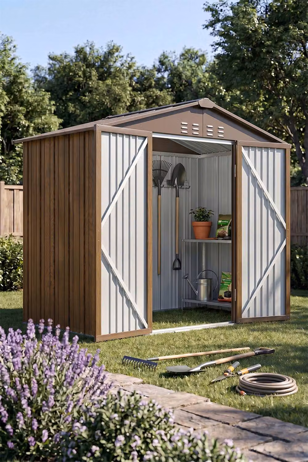 Living and Home Brown Metal Garden Storage Shed with Lockable Double Doors – 3