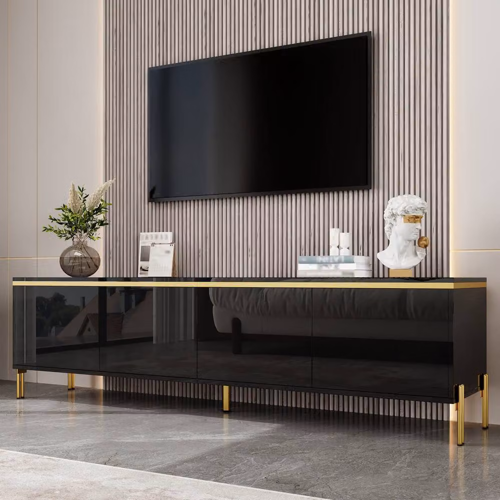 BTM Modern High Gloss TV Stand and 4 Door Living Room Storage Cabinet in Black and Gold, W/D/H: 170 x 50 x 50 cm – 4