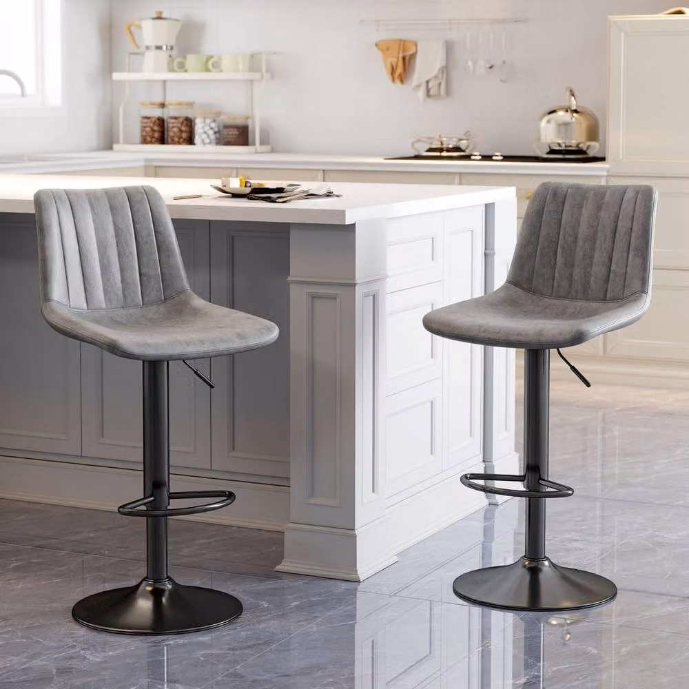 Wyld Haus Doneha Set of 2 Grey Faux Leather Adjustable Breakfast Bar Stools with 360 Degree Swivel – 3