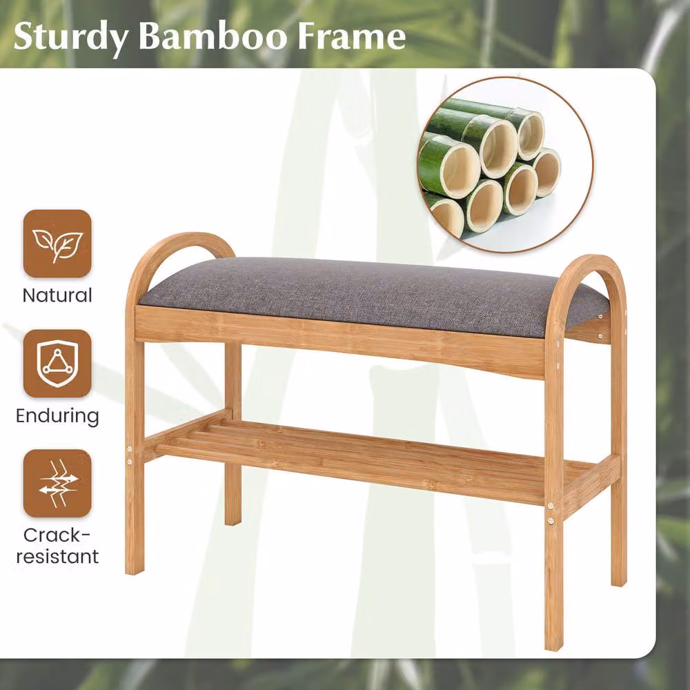 Gymax 2-Tier Bamboo Shoe Bench with Padded Fabric Cushion in Grey – 4