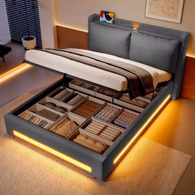 Matteo Modern Upholstered Super King Bed in Grey Fabric with Integrated Reading Light, USB Charging Port and Bedside Shelf, W/D/H: 200 x 181 x 114 cm