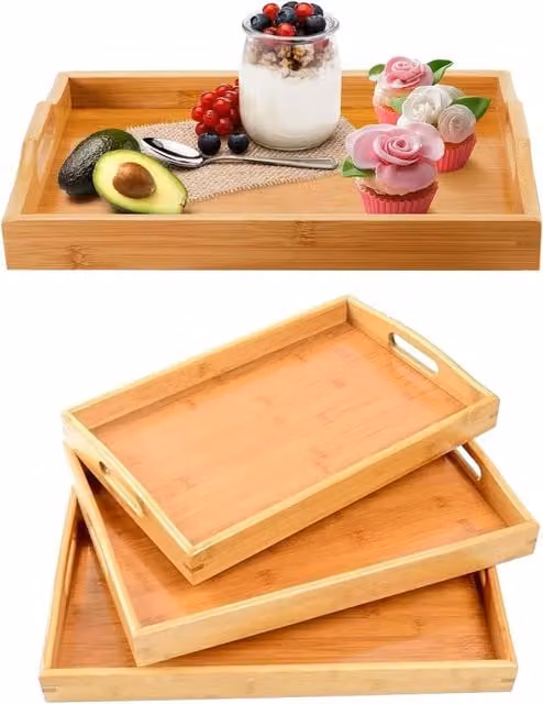MANTRARAJ Set of 3 Brown Rectangular Bamboo Serving Trays with Handles – 1