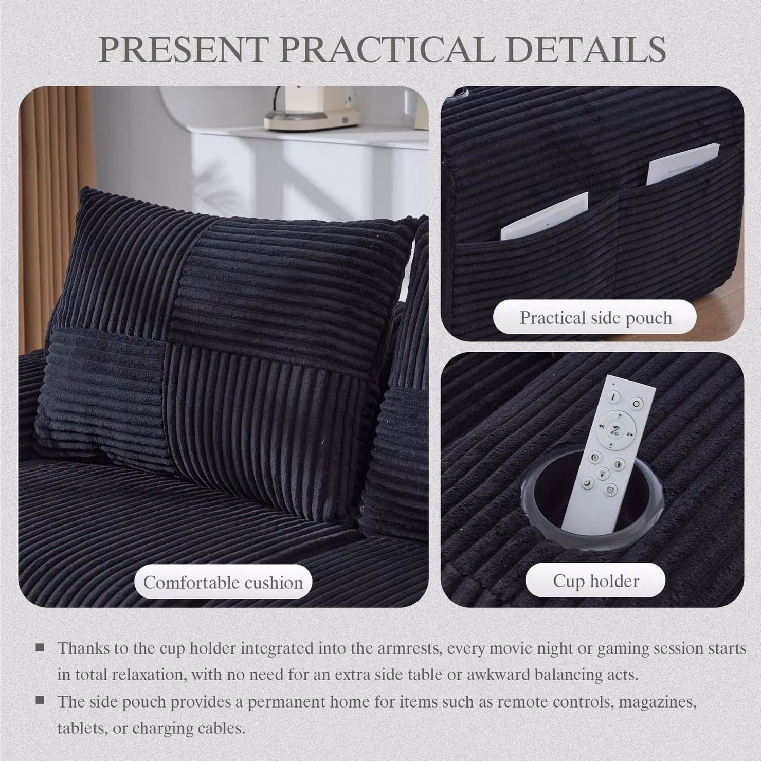 Aosom UK Modular 2-Seater Ribbed Corduroy Sofa in Black with Cup Holder and Side Storage Pocket, W/D/H: 200 x 99 x 80 cm – 5