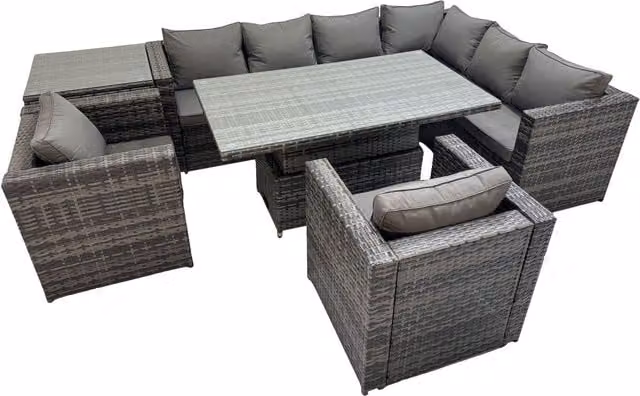 Fimous 8-Seater Rattan Corner Sofa Set with Adjustable Lifting Table, 2 Chairs and Side Table in Dark Grey Mixed Rattan and Fabric