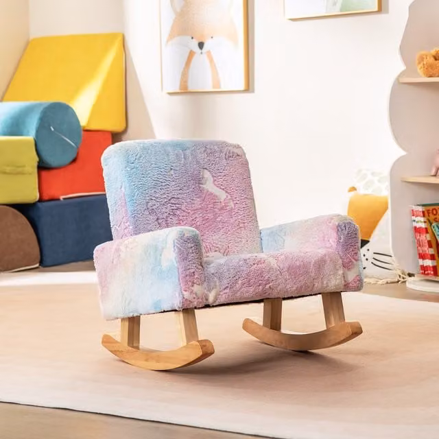 Costway Kids Flannel Rocking Chair in Blue and Multicolour Abstract Design