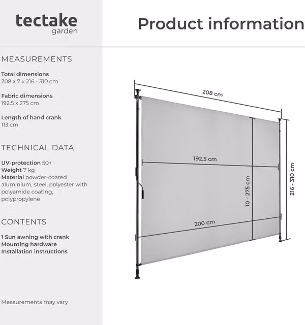 Tectake Taija Clamp Awning with Hand Crank in Light Grey, Width: 208 cm