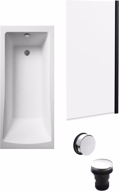 Balterley Square Rectangular Free Standing Bath Set in White with Black Screen and Chrome Waste, W: 170 cm, D: 70 cm