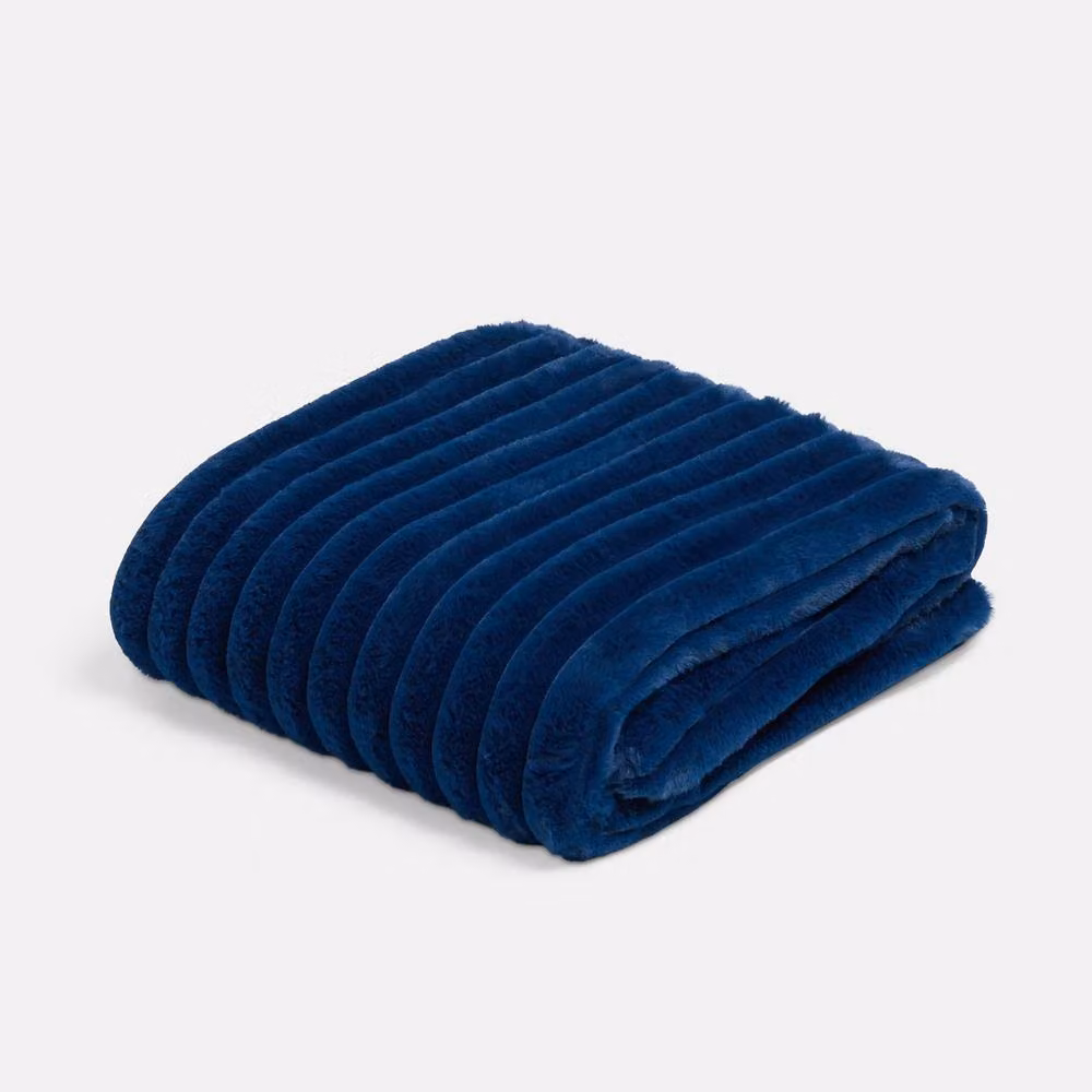 OHS Navy Blue Faux Fur Ribbed Fleece Throw Blanket, W: 200 cm, D: 240 cm – 2
