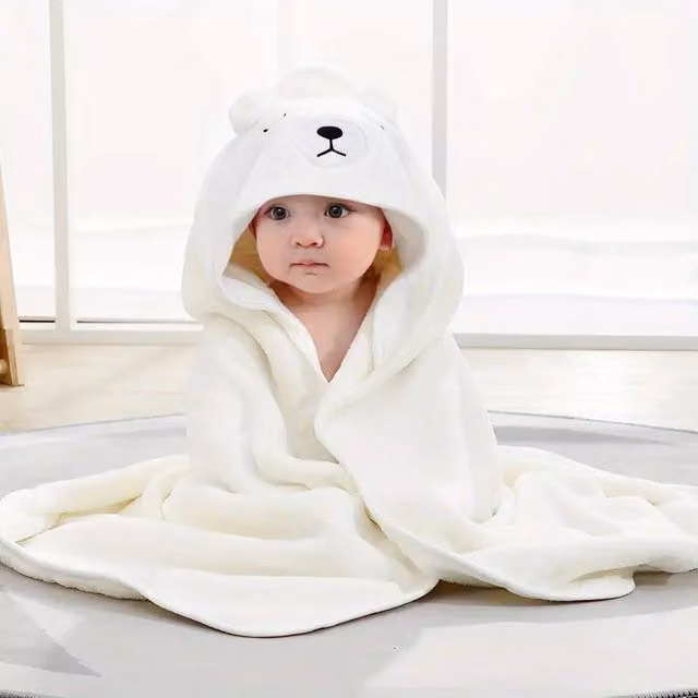 Dyzi Soft Absorbent Microfibre Baby Hooded Towel with Animal Cartoon Design in White