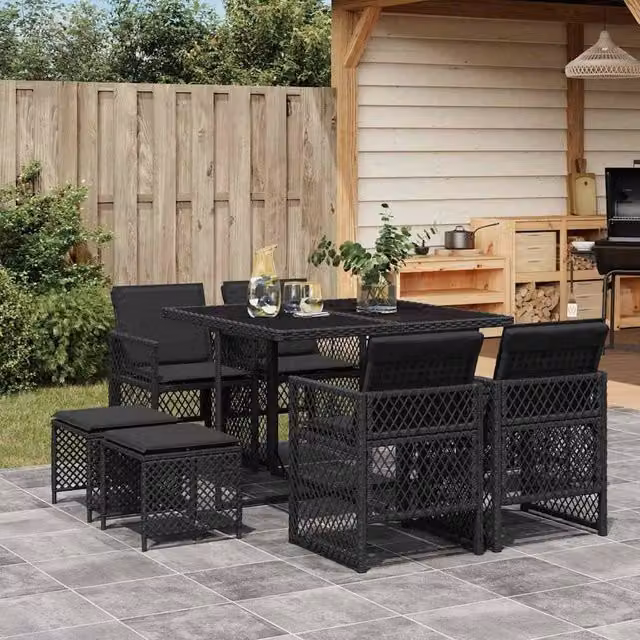 Berkfield Home 9 Piece Black Poly Rattan Garden Dining Set with Cushions and Glass Top