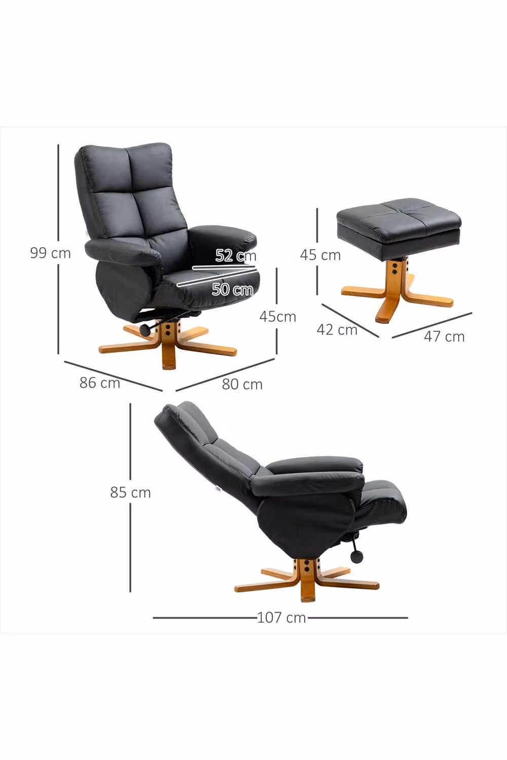 ERGOVEXA Black PU Leather Swivel Recliner Chair with Footstool – 2