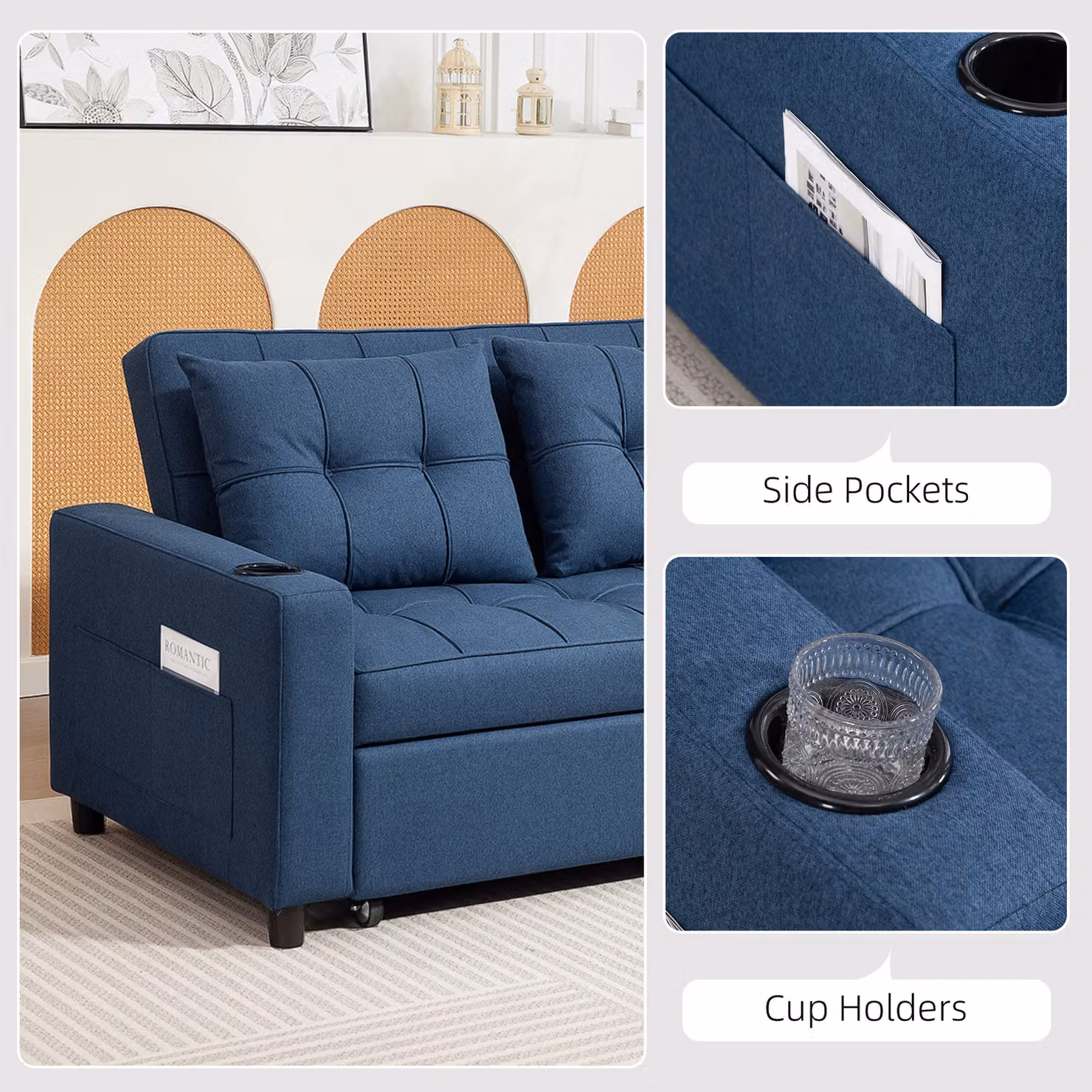 HOMCOM 2-Seater Click-Clack Sofa Bed with Storage and Adjustable Back in Dark Blue – 7