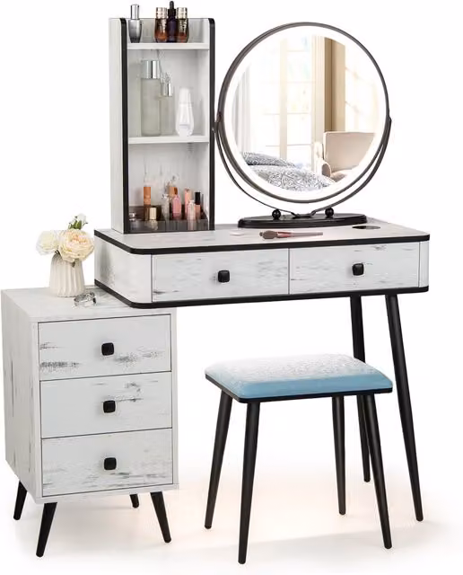 COSTWAY Hollywood LED Makeup Desk and Stool Set in White Shabby Chic Style