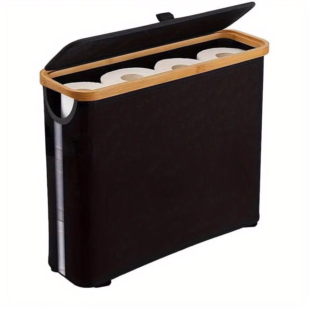 Nordara Bamboo Oxford Cloth Toilet Paper Roll Storage Basket with Lid, Black, W: 50 cm, D: 50 cm, H: 35 cm – 3