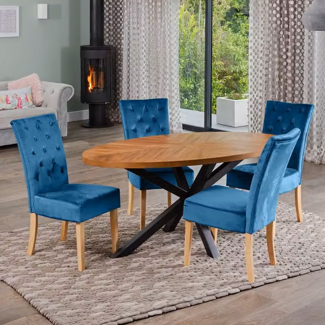 Artemis Home Oval Dining Table Set with 4 Blue Velvet Chairs