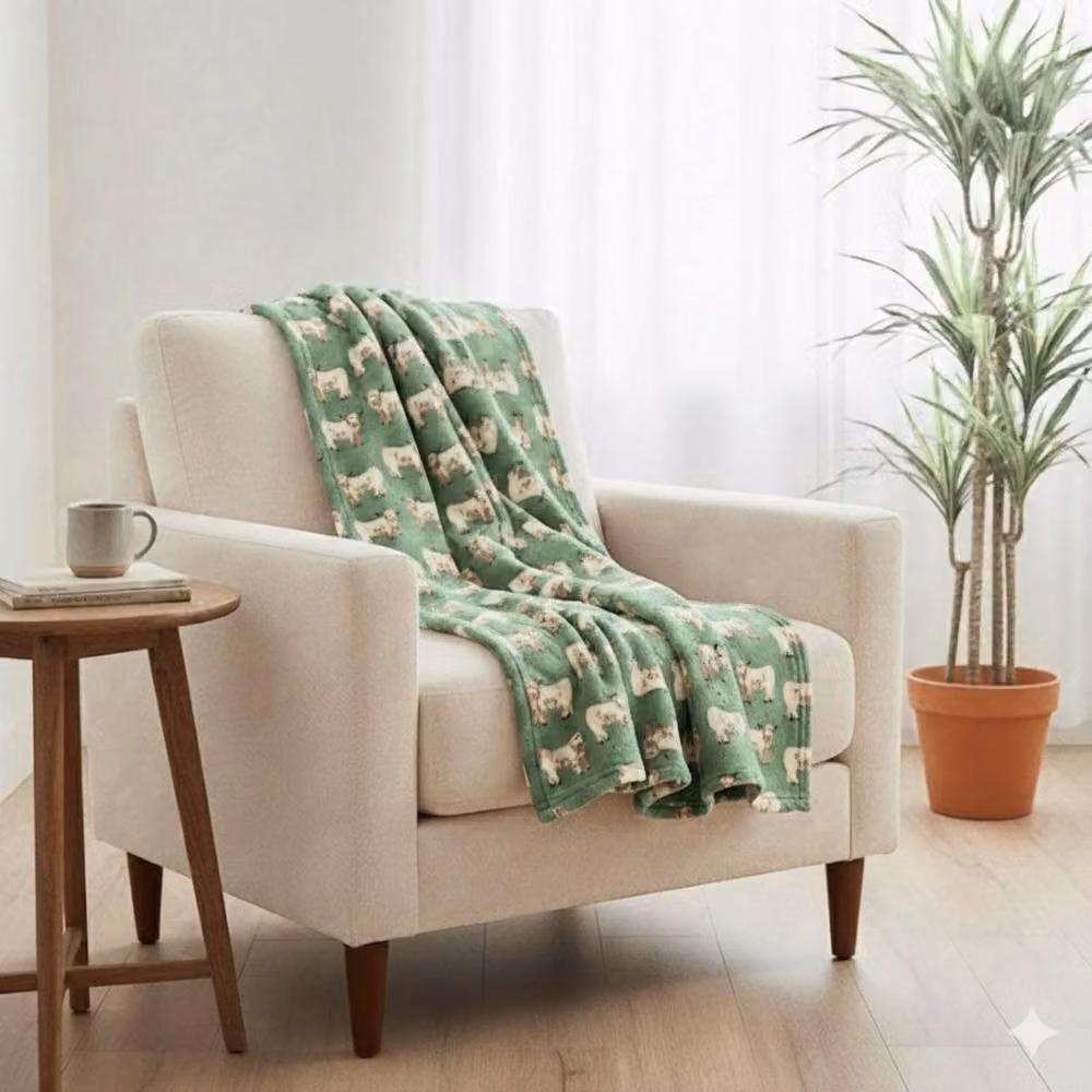 HomeSpace Direct Highland Cow Fluffy Fleece Throw Blanket in Green, W: 120 cm, D: 150 cm – 2