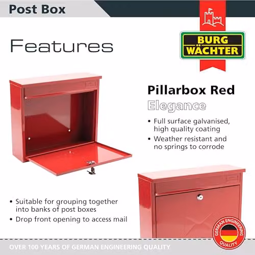 Burg-Wächter MB02R Red Elegance Wall Mounted Galvanised Steel Lockable Weatherproof Post Box W: 36 cm, H: 31 cm, D: 10 cm – 2