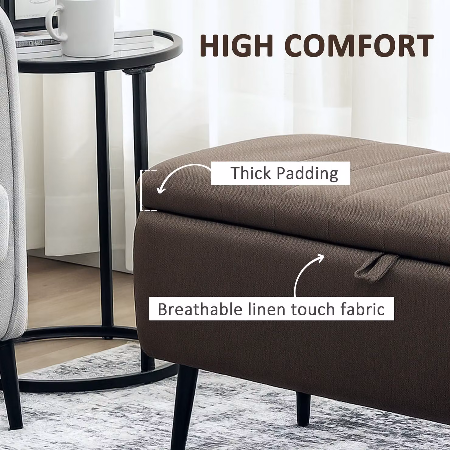 HOMCOM Brown Linen Fabric Storage Ottoman Bench with Steel Legs – 5