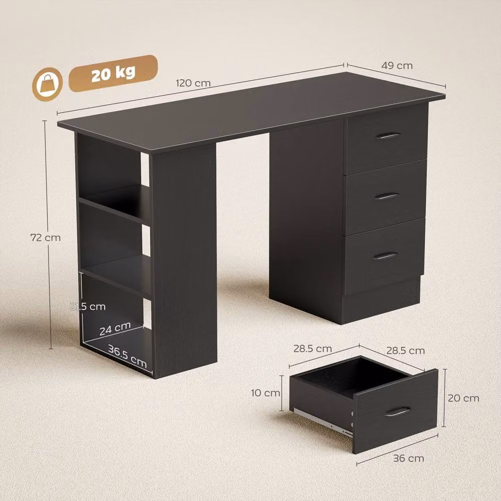 Wyld Haus Malilu Black Computer Desk with 3 Drawers and 3 Shelves, Width: 120 cm – 4