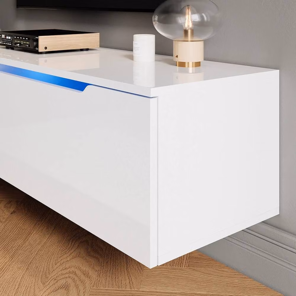 FORGEVIO Modern High Gloss White Wall Mounted TV Stand Unit with Integrated Lighting – 3