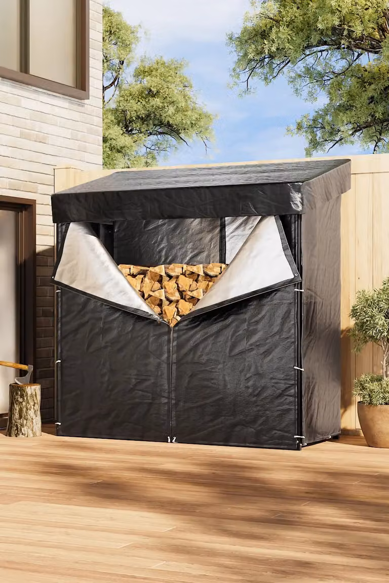 Living and Home Large Metal Tube Firewood Rack with Roof, Black, W: 182.88 cm, D: 70.1 cm, H: 185.0 cm