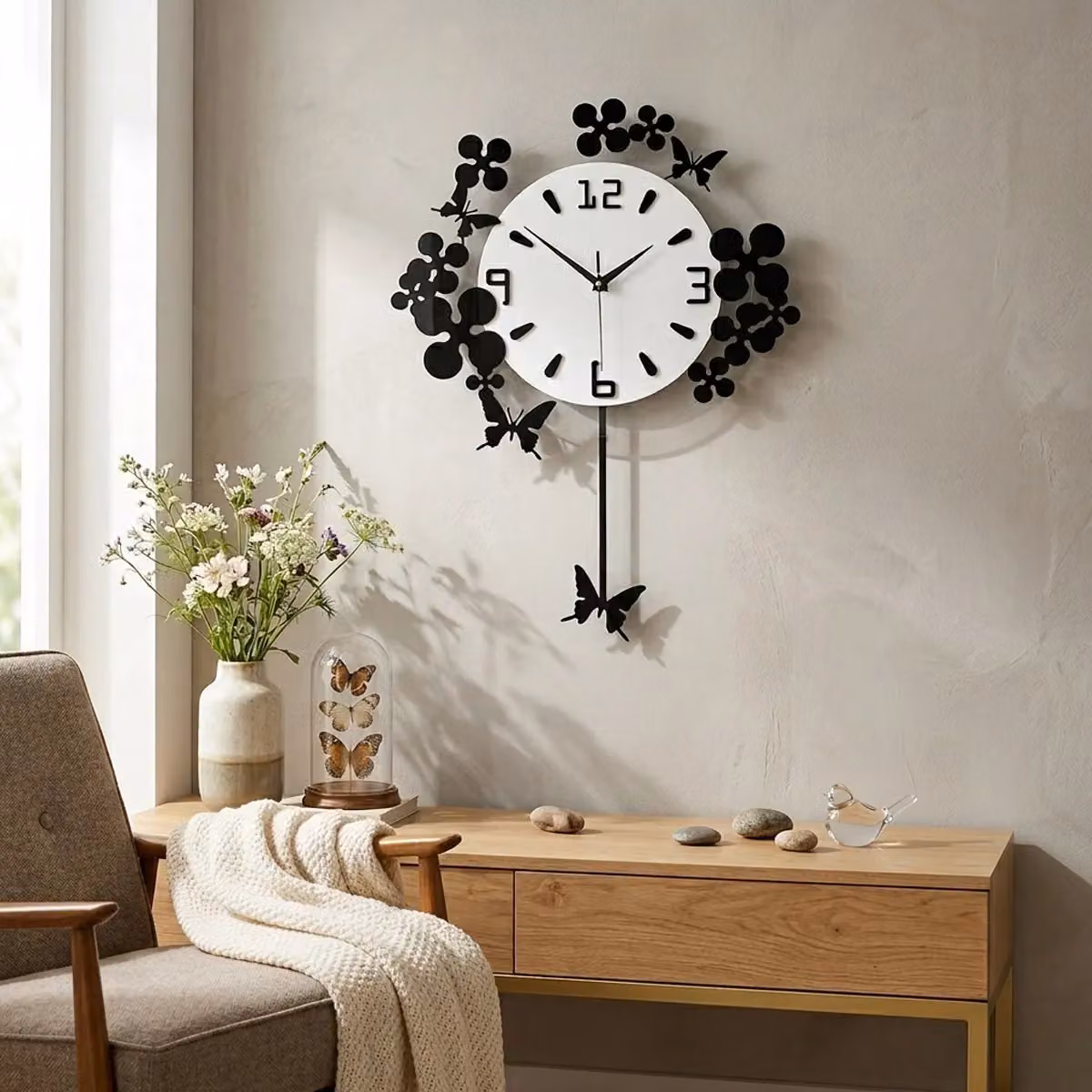 Premier Housewares Floral Pendulum Wall Clock in Black and White – 3