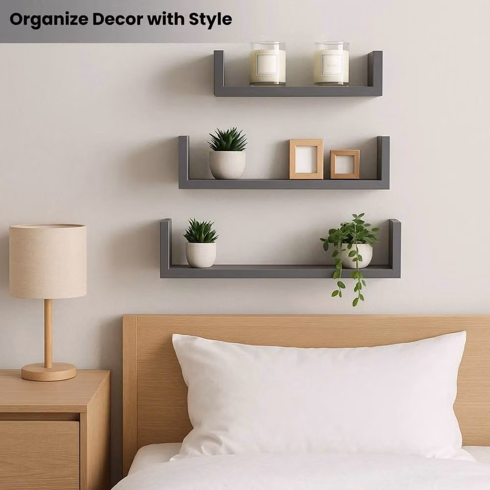 PAWNORA Set of 3 Matt Grey Wall Mounted Floating Shelves – 3