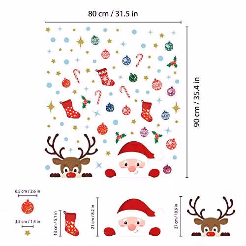 WALPLUS Reusable Double-Sided Christmas Window Stickers with Rudolph and Santa, 92 Pieces, Multicolour – 2