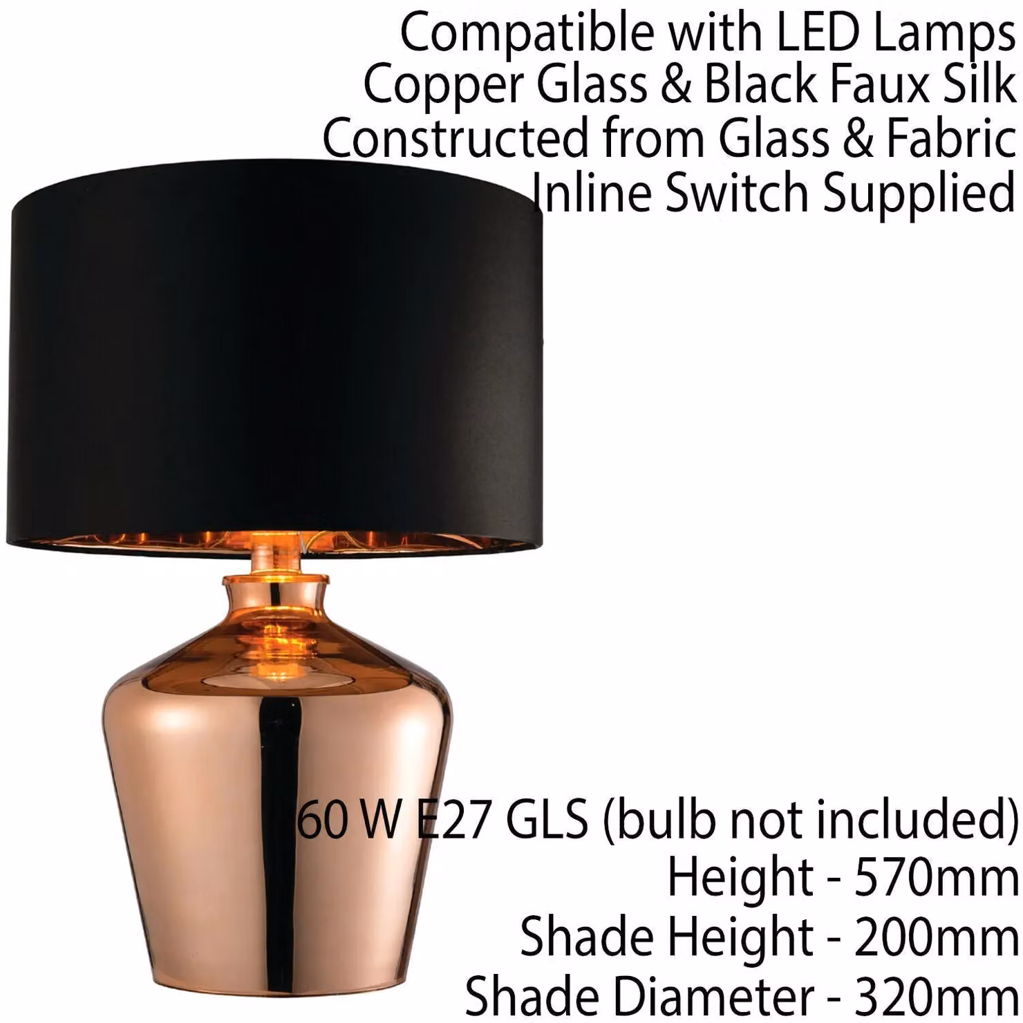 Loops 2 Pack Modern LED Table Lamps with Gloss Copper Glass and Black Fabric Shades – 2