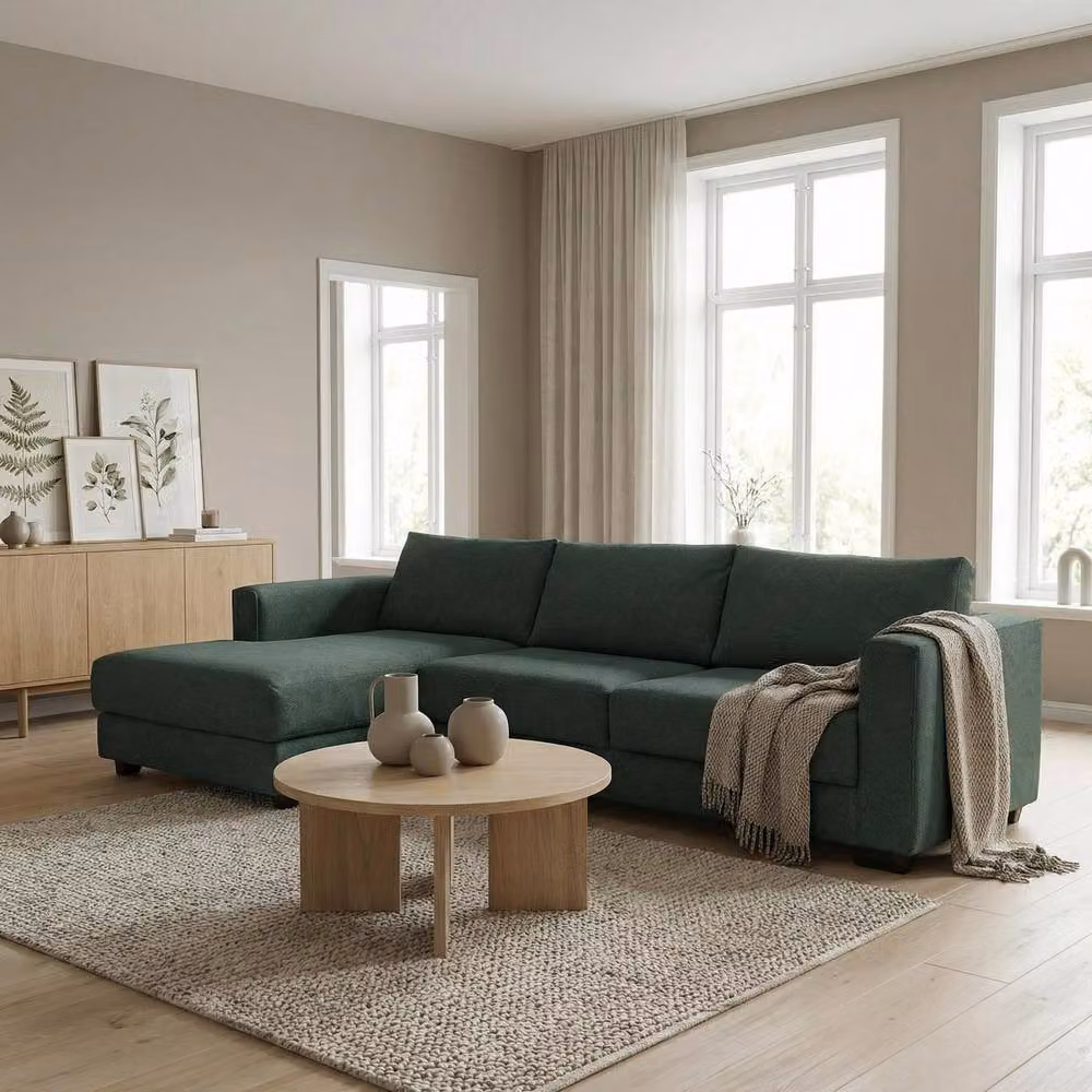 Abakus Direct Kaizer L-Shaped Corner Sofa in Green Boucle Fabric, Left Facing – 3
