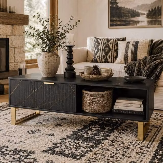 Wyld Haus Neva Black Marble Effect Coffee Table with Gold Accents and Integrated Storage – 1