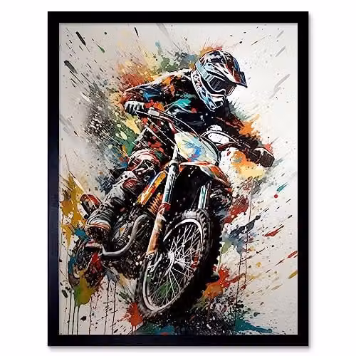 Artery8 Motocross Racer Paint Splat Action Shot Portrait Art Print Framed Poster Wall Decor, Multicolour, W/H: 30.5 x 41.0 cm – 1